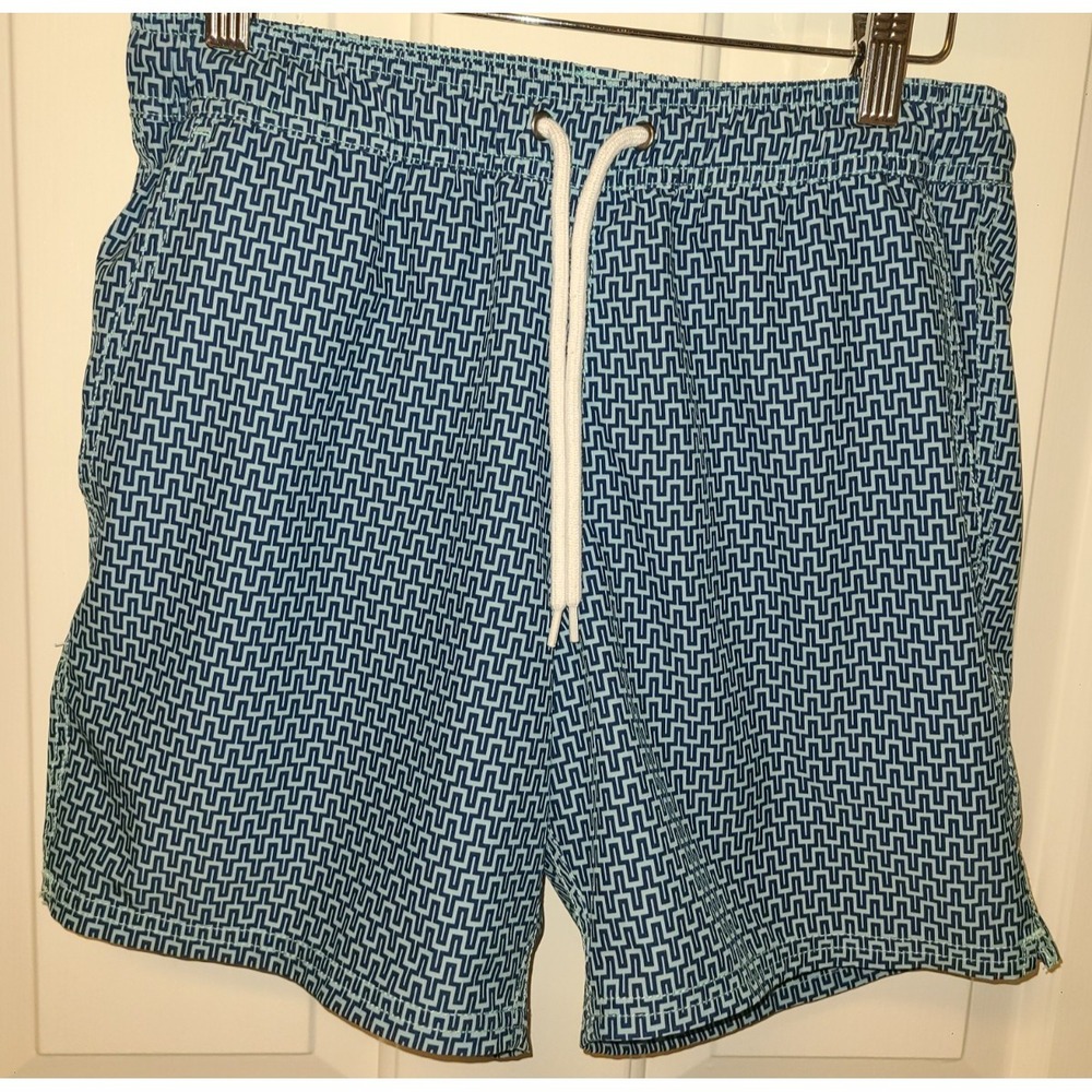 J Crew  Flex Swimwear Mens Sz Sm‎ Mesh Lined Swim Trunks Blue Geoshapes Beach
